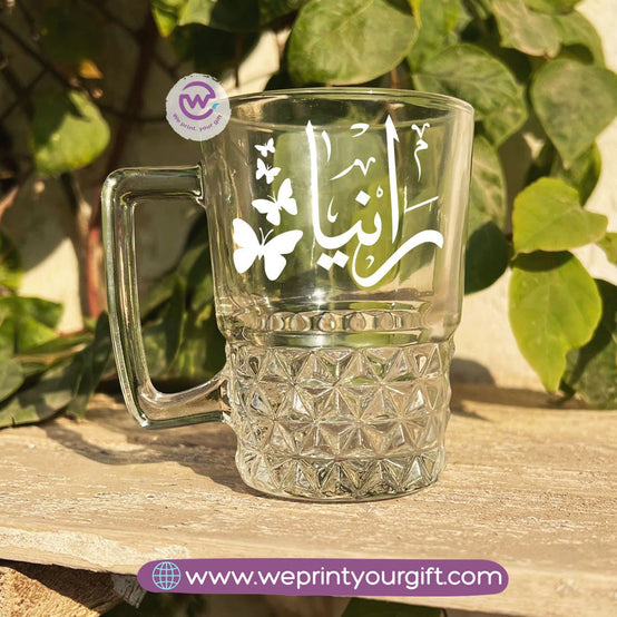 Personalized Clear Crystal Pattern Glass Mug with Arabic Name Typography – 250 ml