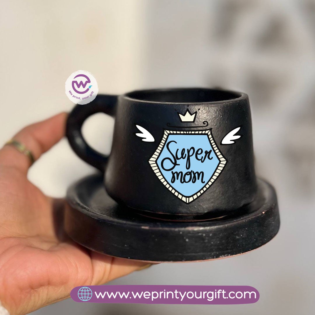 Mother’s Day Black Handmade Pottery Coffee Cup with Saucer – 200 ml | UV Raised Sticker Printing