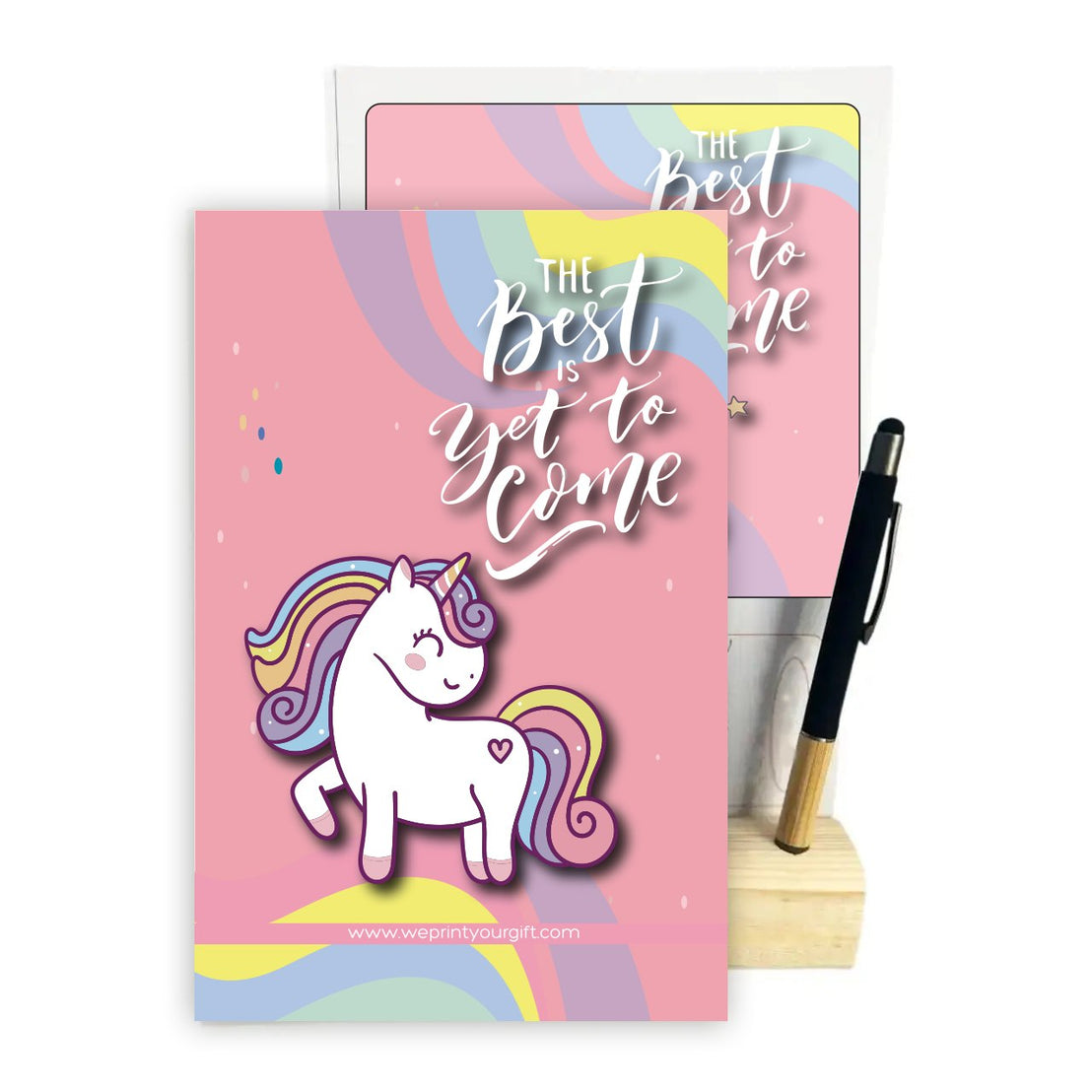 Magical Unicorn 2027 Desk Calendar with Wooden Stand & Bamboo Stylus Pen – Pastel Rainbow Collection