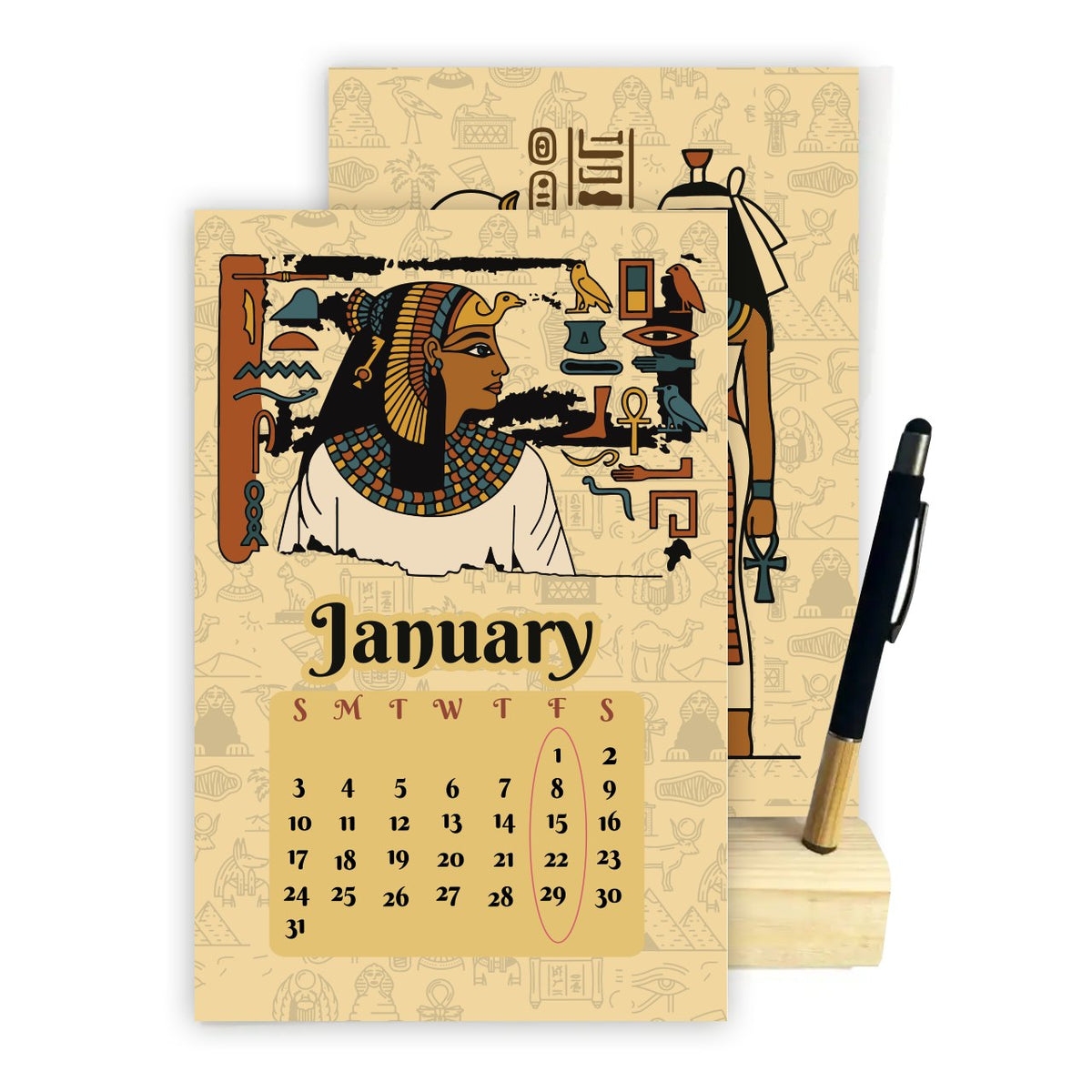 2027 Ancient Egyptian Desk Calendar – Pharaonic Art Collection | Wooden Stand & Bamboo Touch Pen