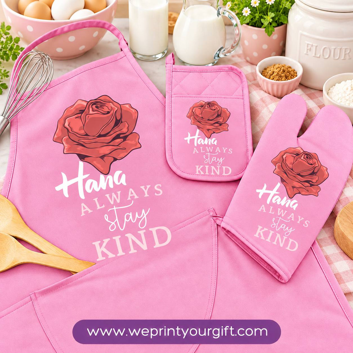 Personalized Name & Motivational Quote 3-Piece Kitchen Set (Apron, Oven Mitt & Pot Holder) + Optional Chef Hat