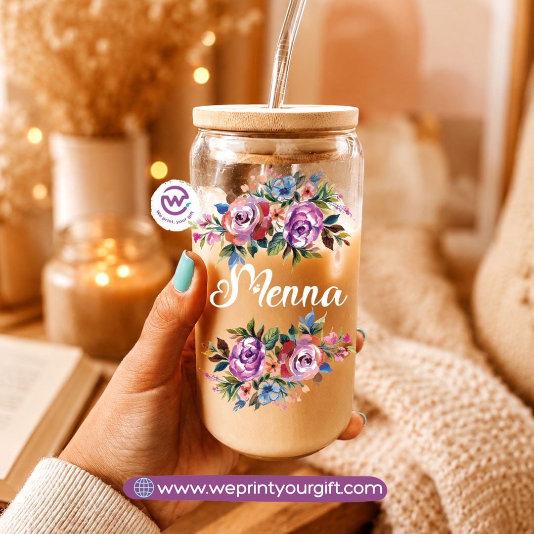 Floral Name Designs Glass Cup with Bamboo Lid & Reusable Glass Straw