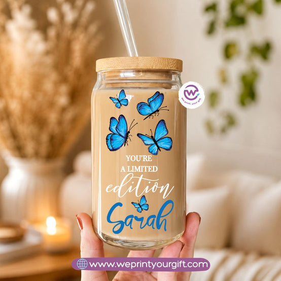Butterfly Designs Glass Cup with Bamboo Lid & Reusable Glass Straw