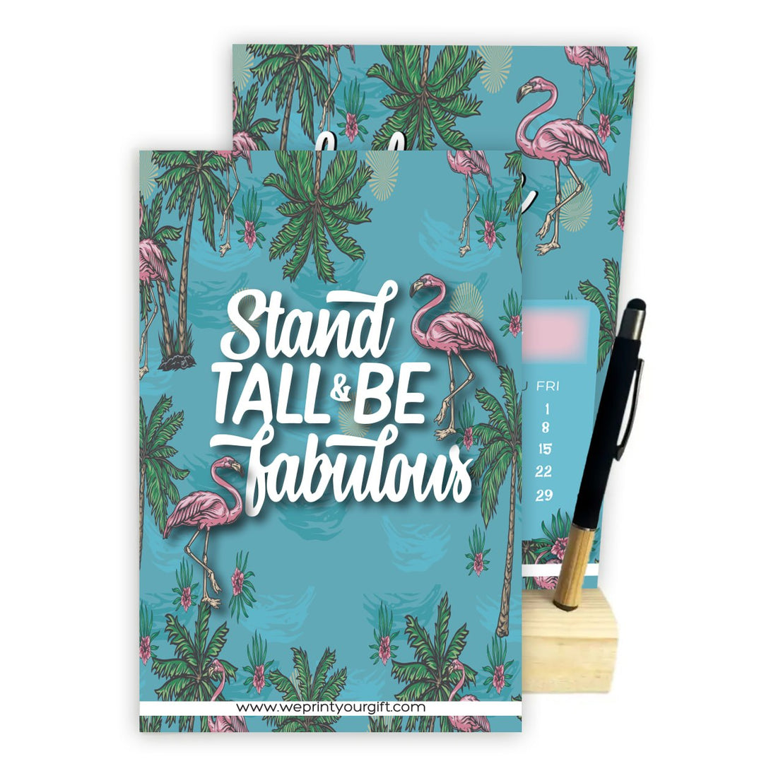 2027 Tropical Flamingo Desk Calendar – A5 Monthly Motivational Calendar with Wooden Stand & Bamboo Touch Pen