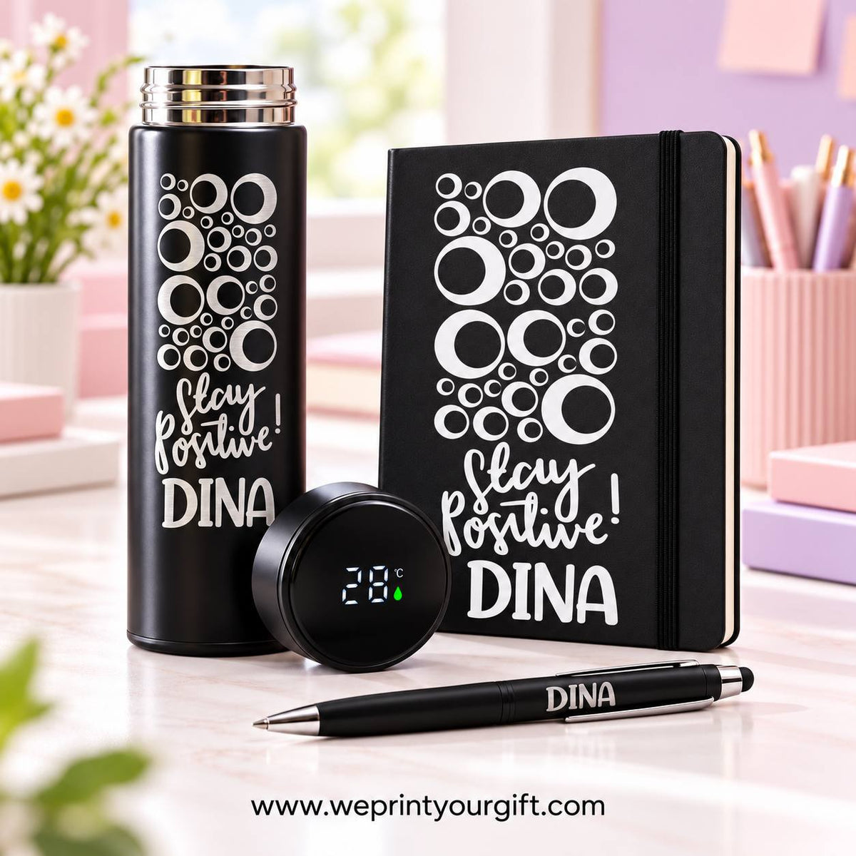 Personalized Office Gift Set – Digital Thermos, Notebook & Pen | Name & Quote