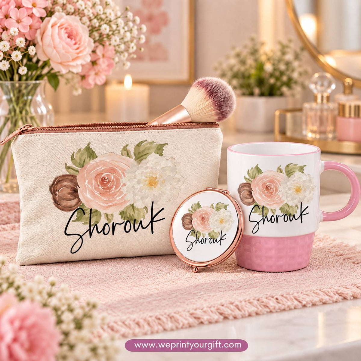 Floral Name Gift Set – Pouch, Compact Mirror & Pink Mug | Personalized