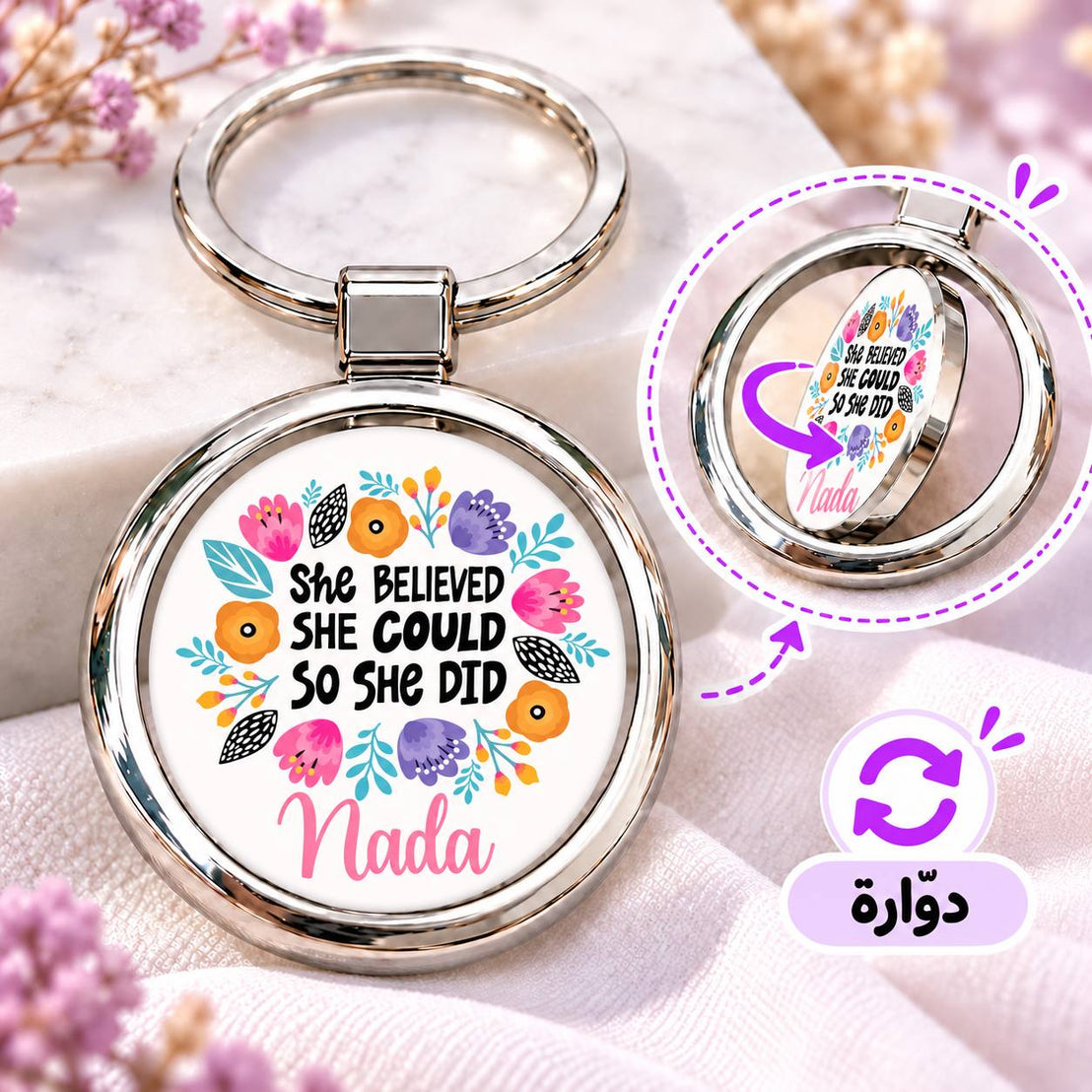 Motivational Quotes Rotating Round Metal Keychain | Double-Sided Spinner