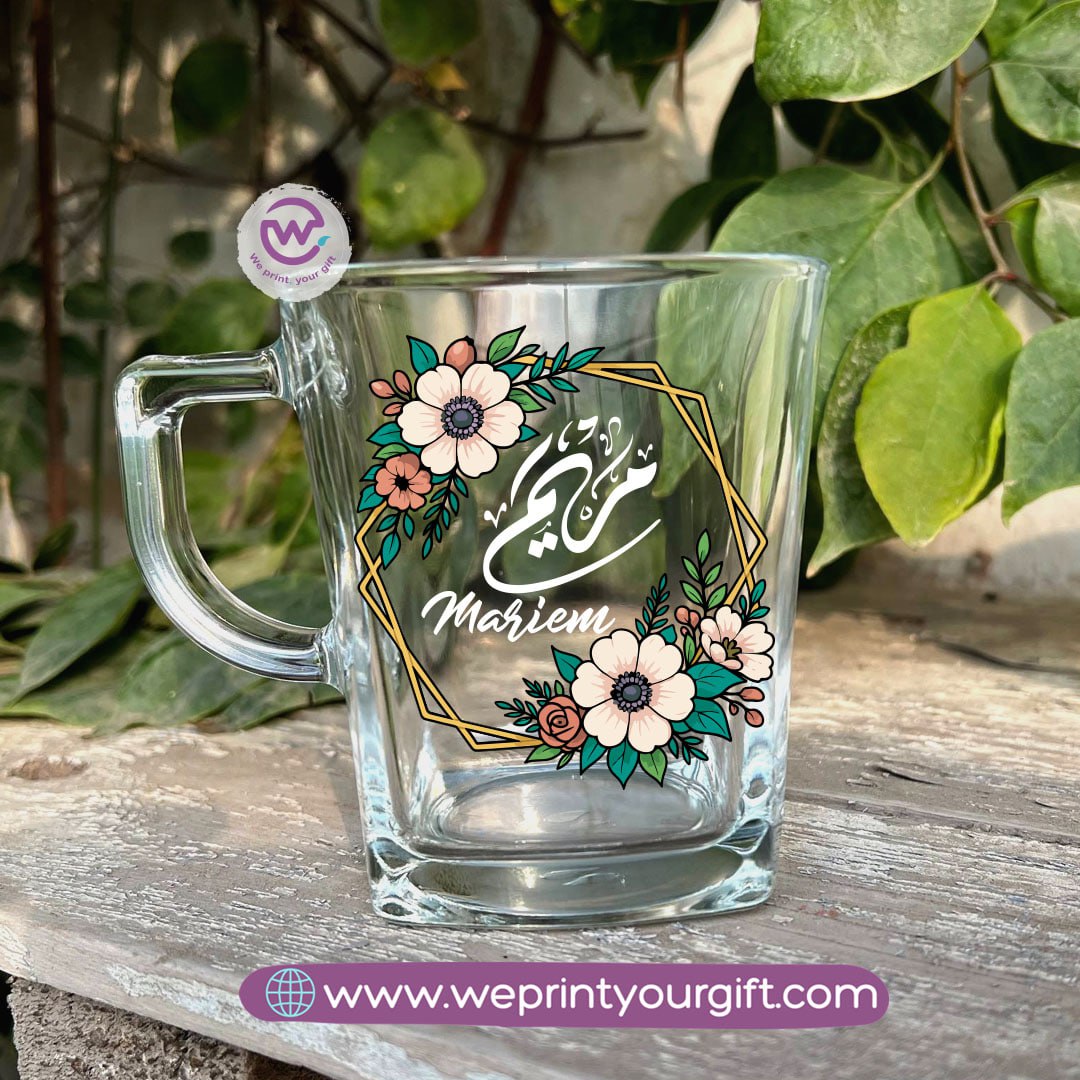 Personalized Floral Name Glass Tea Cup – 300 ml