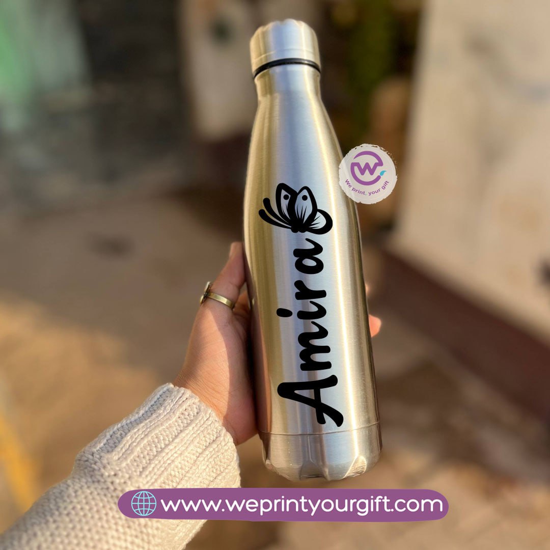 Personalized Silver Thermal Bottle with Arabic Name Typography – 500 ml