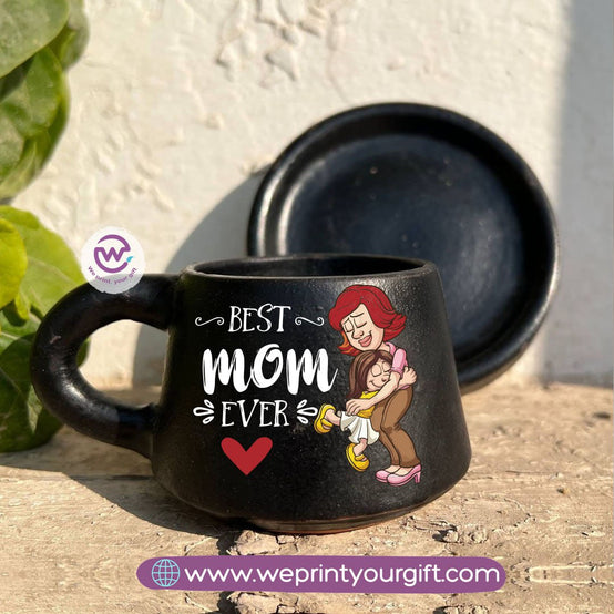 Mother’s Day Black Handmade Pottery Coffee Cup with Saucer – 200 ml | UV Raised Sticker Printing