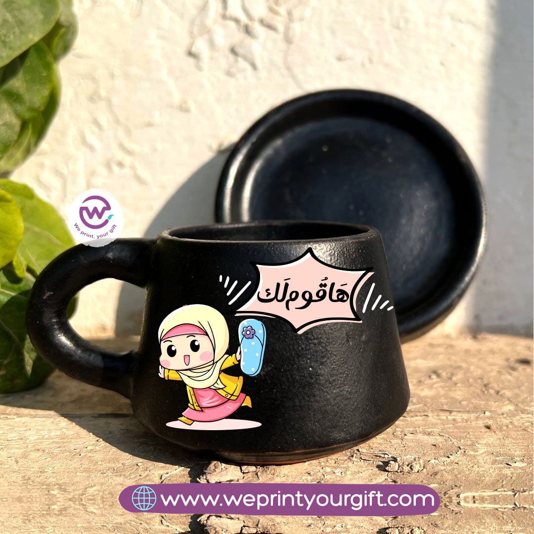 Mother’s Day Comedy Black Handmade Pottery Coffee Cup with Saucer – 200 ml | UV Raised Sticker Printing