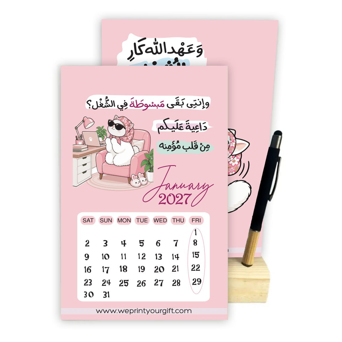 Funny Office Cat 2027 Desk Calendar with Wooden Stand & Bamboo Stylus Pen – Pink Workplace Comics Collection