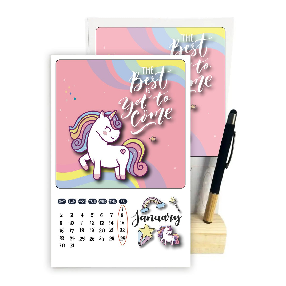 Magical Unicorn 2027 Desk Calendar with Wooden Stand & Bamboo Stylus Pen – Pastel Rainbow Collection