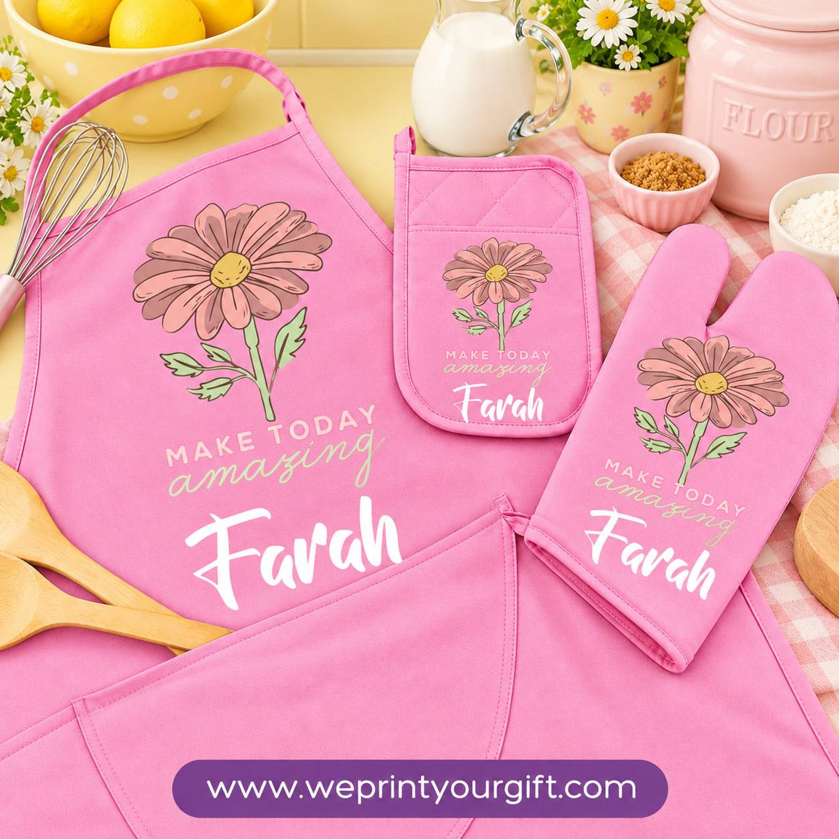 Personalized Name & Motivational Quote 3-Piece Kitchen Set (Apron, Oven Mitt & Pot Holder) + Optional Chef Hat