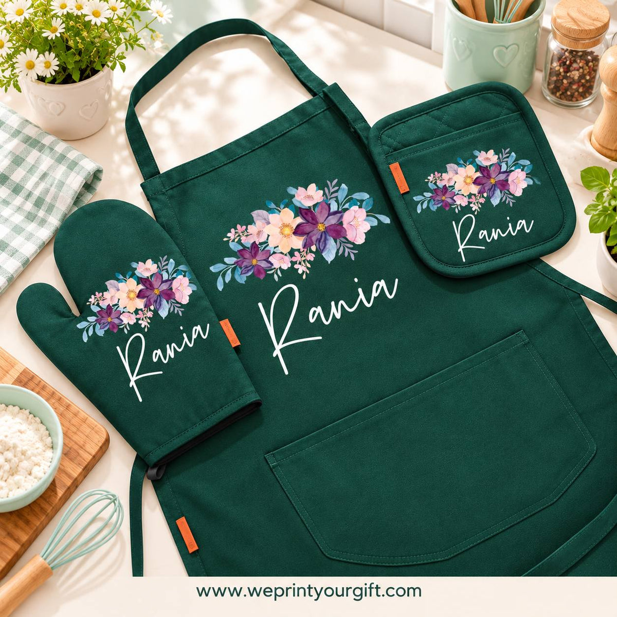 Floral Motivational Quote 3-Piece Kitchen Set (Apron, Oven Mitt & Pot Holder) + Optional Chef Hat, Personalized with Your Name