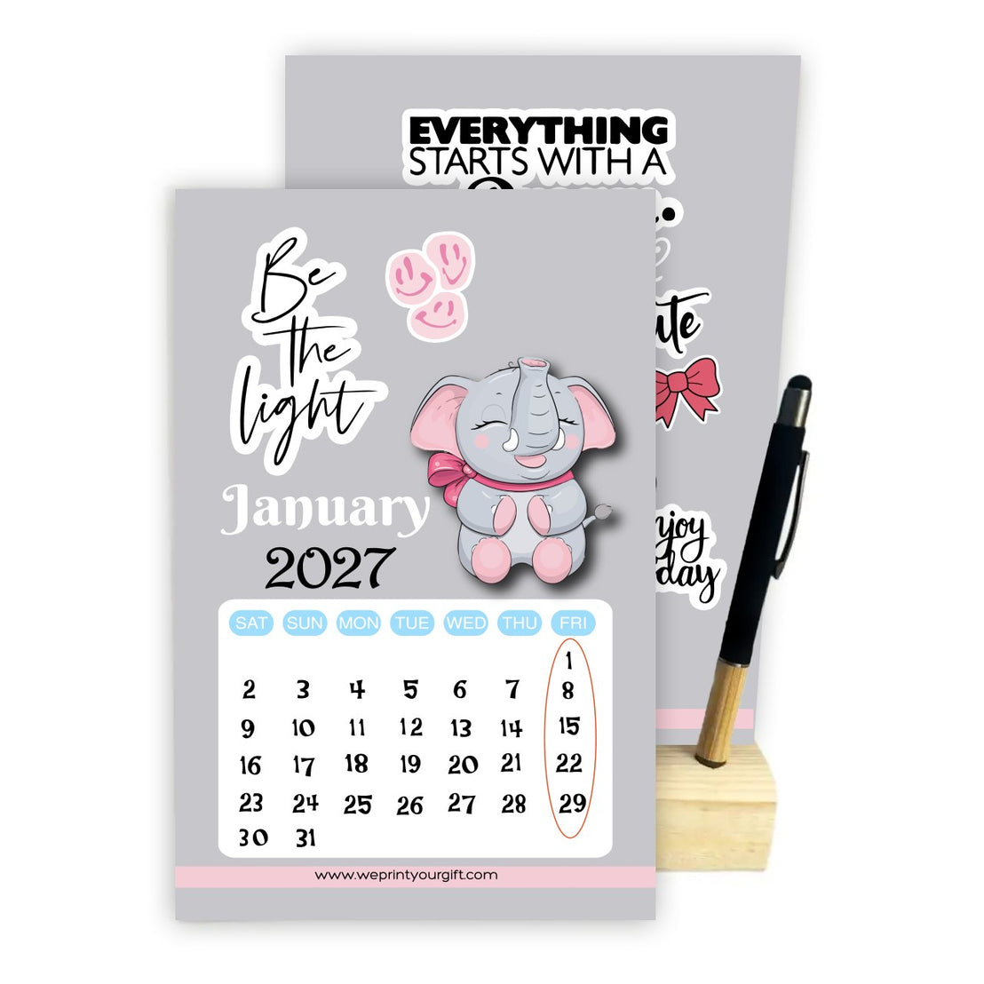 Cute Elephant 2027 Desk Calendar with Wooden Stand & Bamboo Stylus Pen – Inspirational Collection