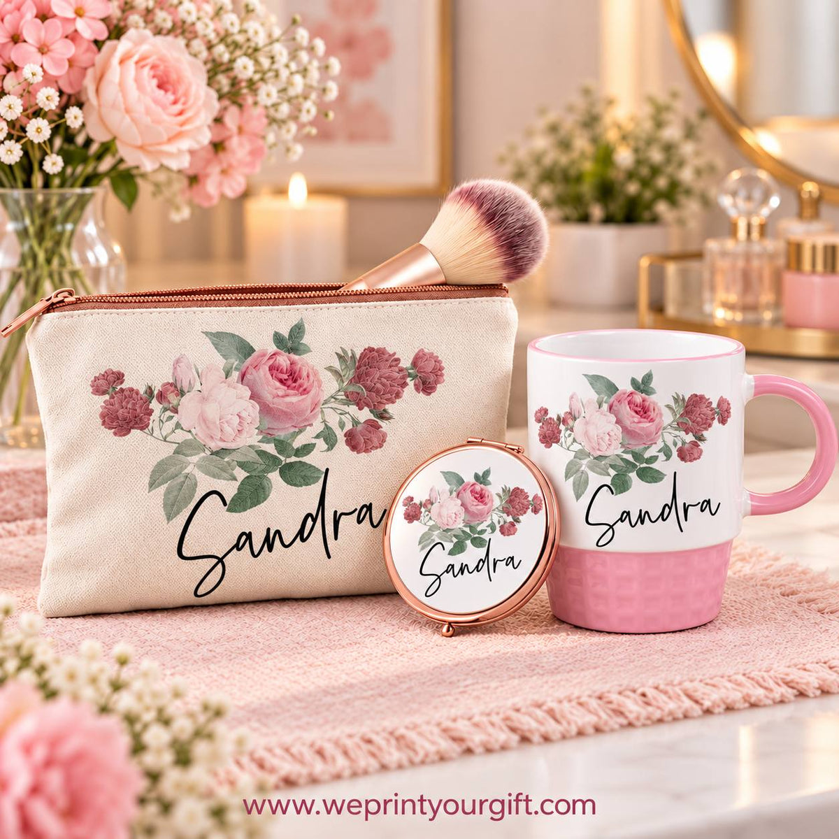 Floral Name Gift Set – Pouch, Compact Mirror & Pink Mug | Personalized