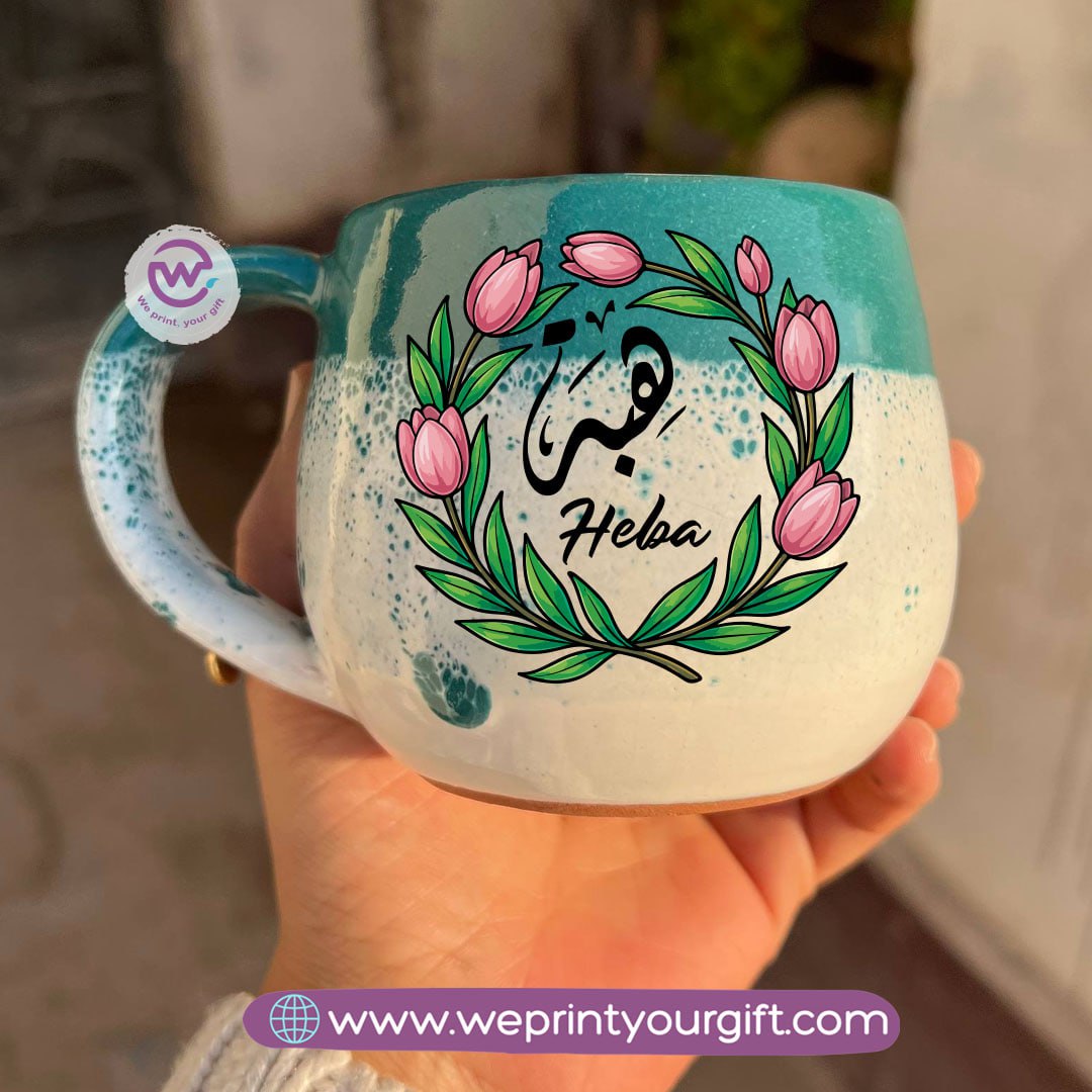 Green & White Handmade Pottery Mug with Floral Name Design