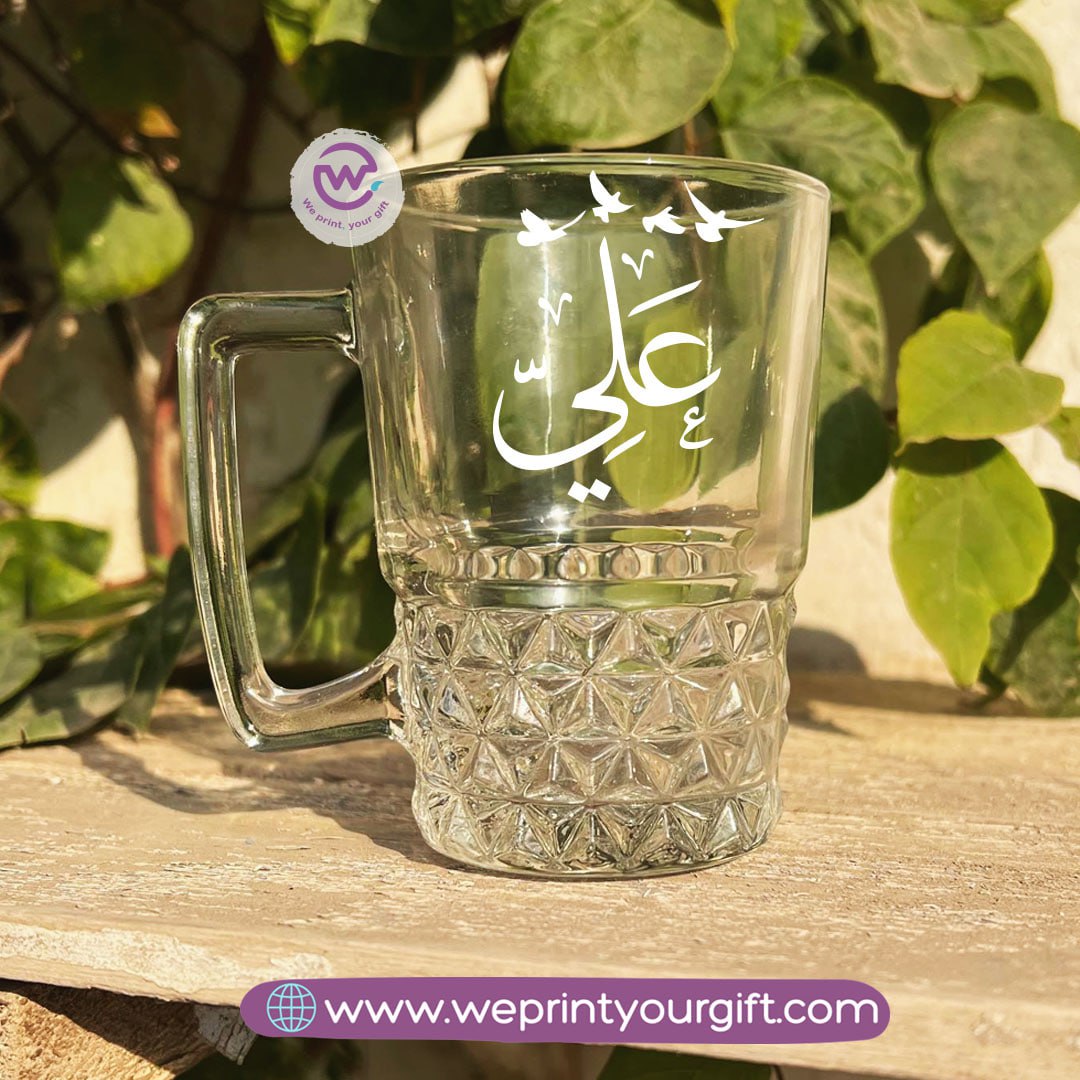 Personalized Clear Crystal Pattern Glass Mug with Arabic Name Typography – 250 ml