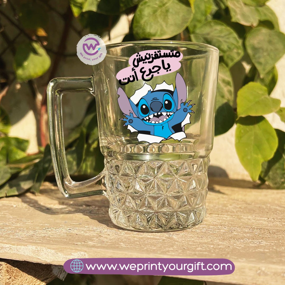 Clear Crystal Pattern Glass Mug with Comedic Stitch-Inspired Designs – 250 ml