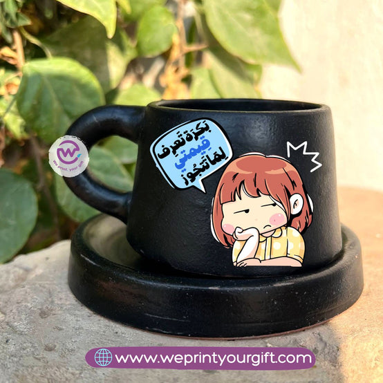 Mother’s Day Comedy Black Handmade Pottery Coffee Cup with Saucer – 200 ml | UV Raised Sticker Printing