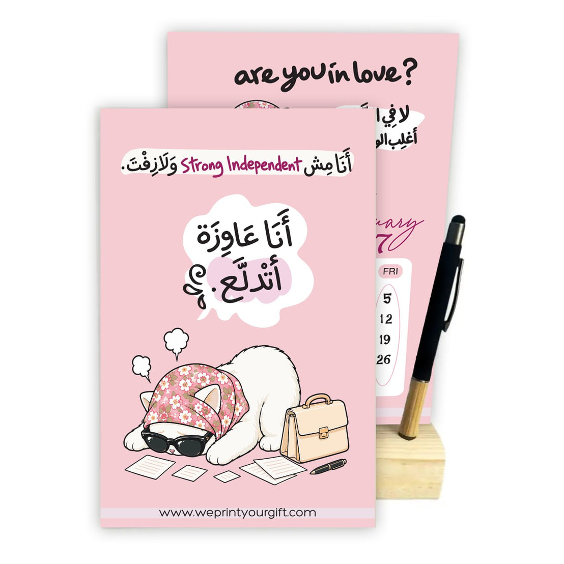Funny Office Cat 2027 Desk Calendar with Wooden Stand & Bamboo Stylus Pen – Pink Workplace Comics Collection