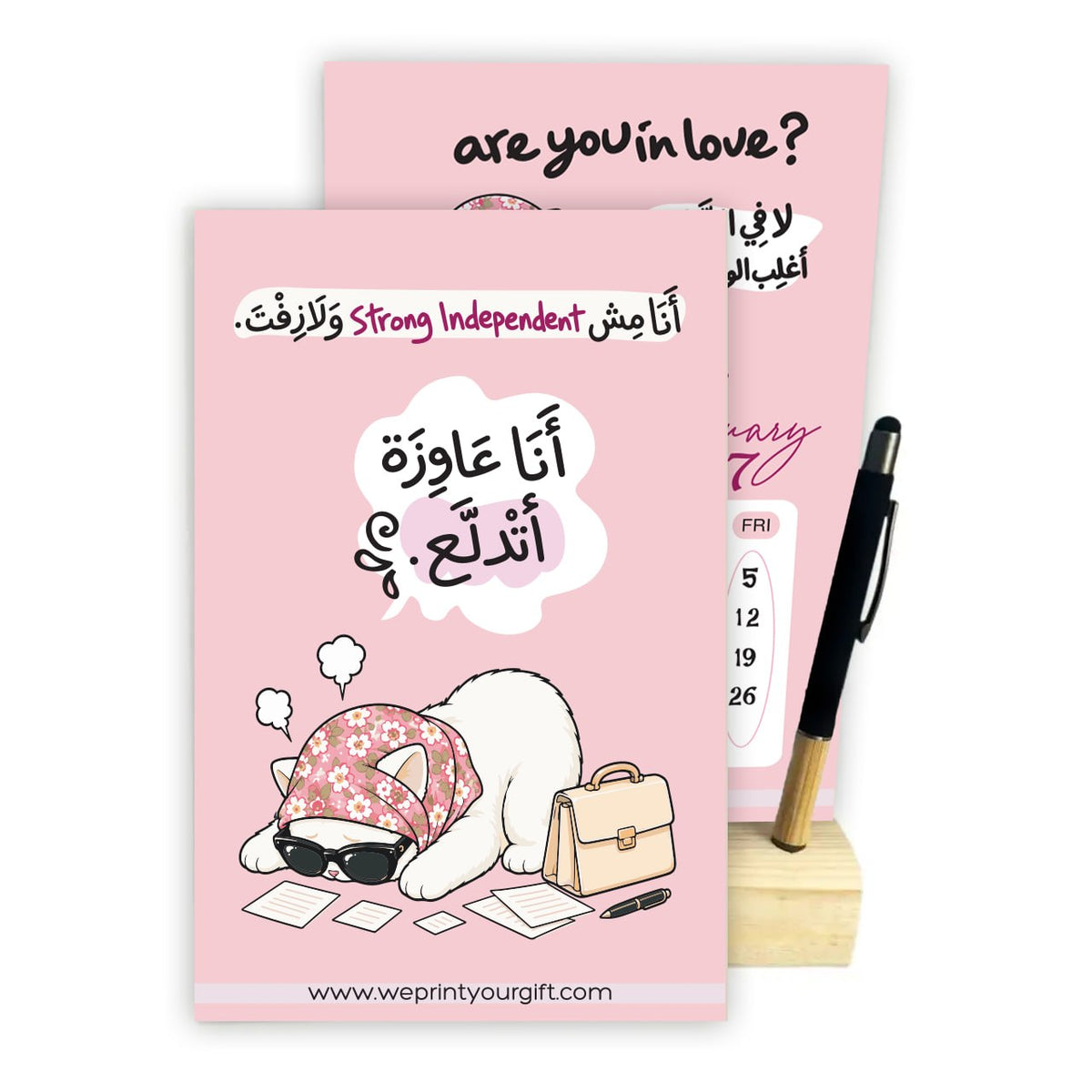 Funny Office Cat 2027 Desk Calendar with Wooden Stand & Bamboo Stylus Pen – Pink Workplace Comics Collection