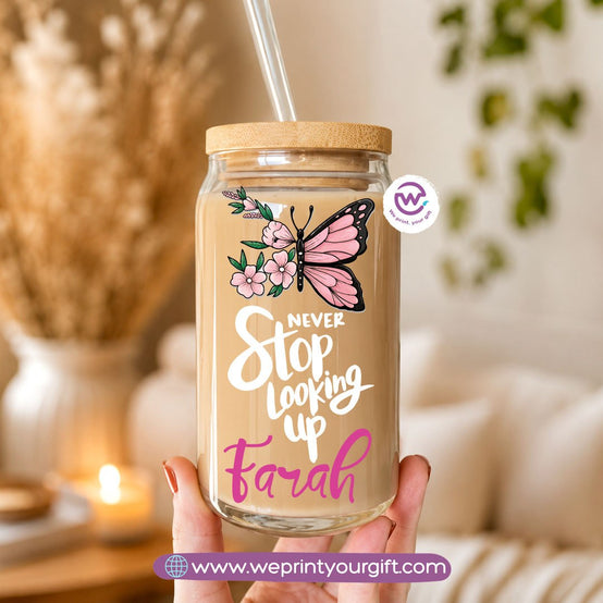Butterfly Designs Glass Cup with Bamboo Lid & Reusable Glass Straw