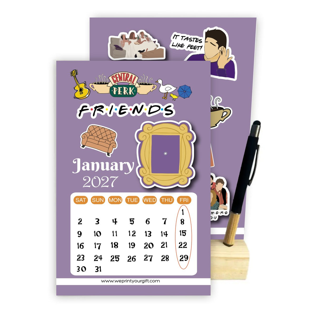 Friends Inspired 2027 Desk Calendar with Wooden Stand & Bamboo Touch Pen – A5 Monthly Calendar