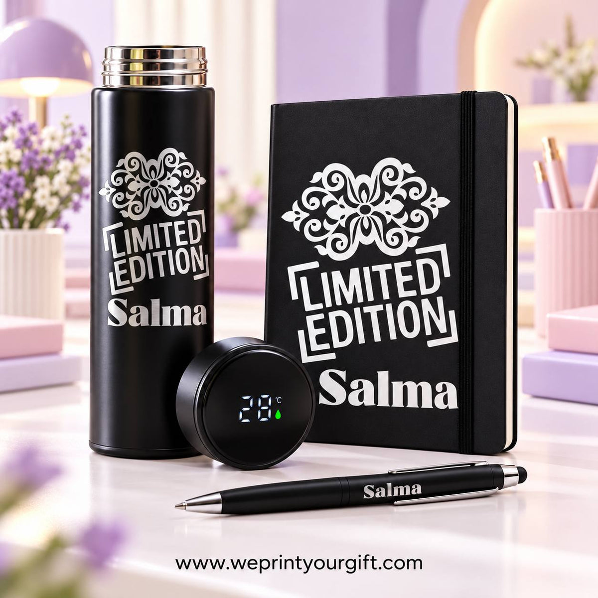 Personalized Office Gift Set – Digital Thermos, Notebook & Pen | Name & Quote
