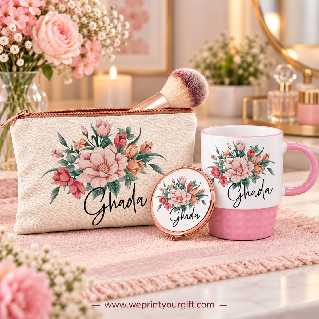 Floral Name Gift Set – Pouch, Compact Mirror & Pink Mug | Personalized