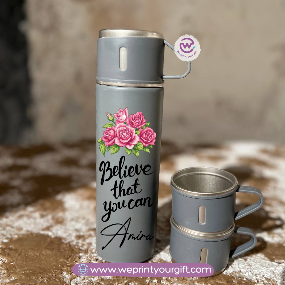 Floral Name Thermal Flask with Two Extra Cups – 500ml