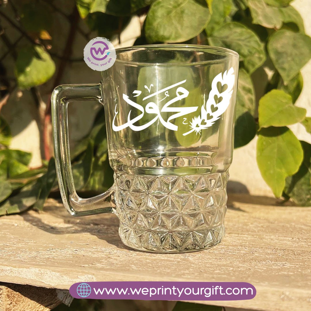 Personalized Clear Crystal Pattern Glass Mug with Arabic Name Typography – 250 ml