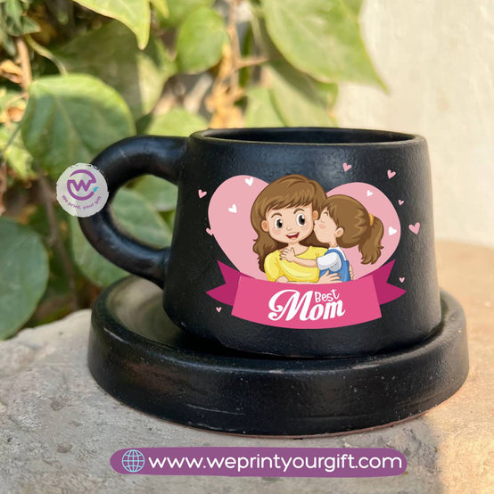 Mother’s Day Black Handmade Pottery Coffee Cup with Saucer – 200 ml | UV Raised Sticker Printing