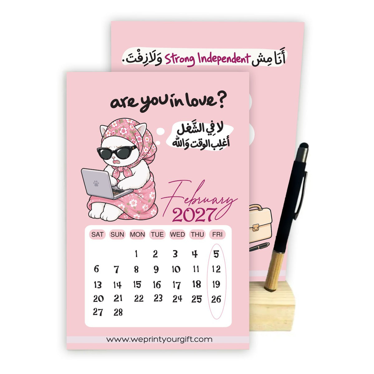 Funny Office Cat 2027 Desk Calendar with Wooden Stand & Bamboo Stylus Pen – Pink Workplace Comics Collection