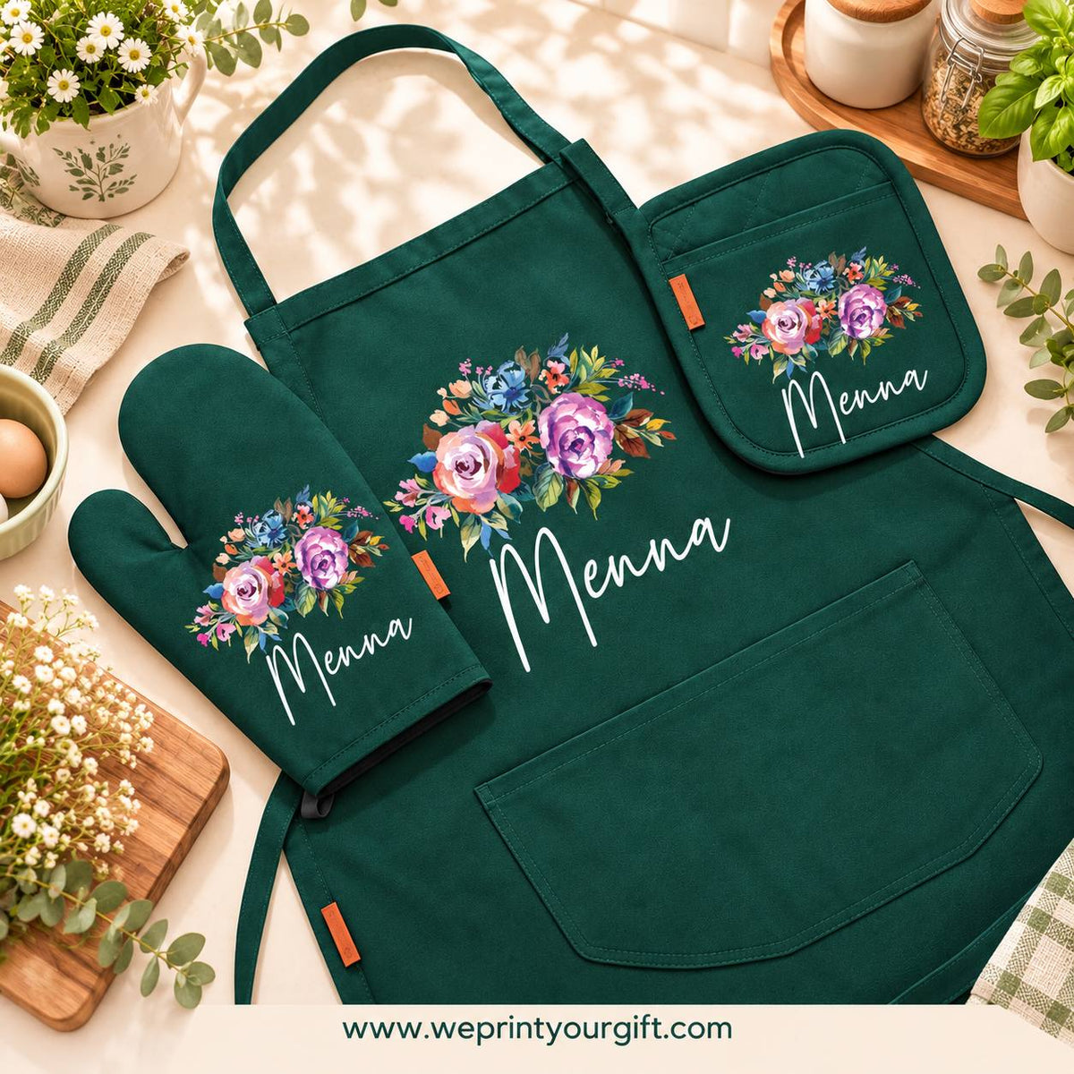 Floral Motivational Quote 3-Piece Kitchen Set (Apron, Oven Mitt & Pot Holder) + Optional Chef Hat, Personalized with Your Name