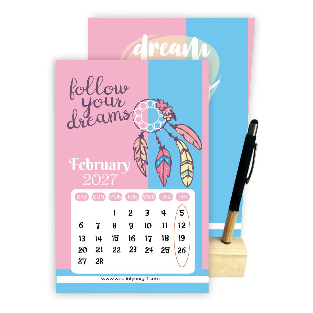 2027 Dream Catcher Desk Calendar – Inspirational Quotes with Wooden Stand & Bamboo Touch Pen