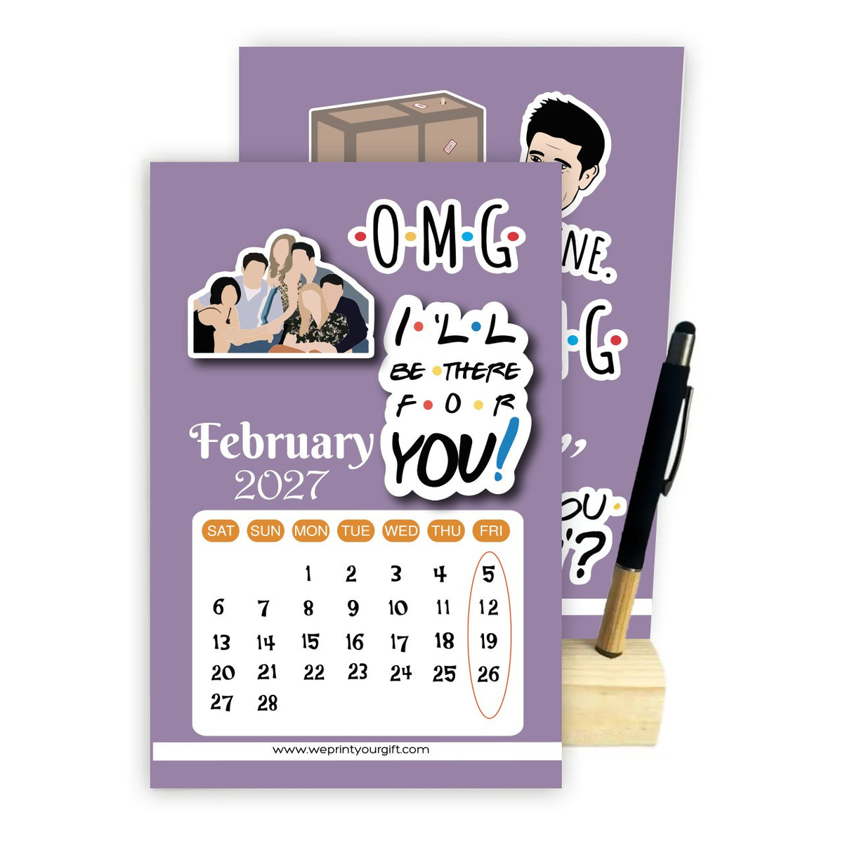 Friends Inspired 2027 Desk Calendar with Wooden Stand & Bamboo Touch Pen – A5 Monthly Calendar