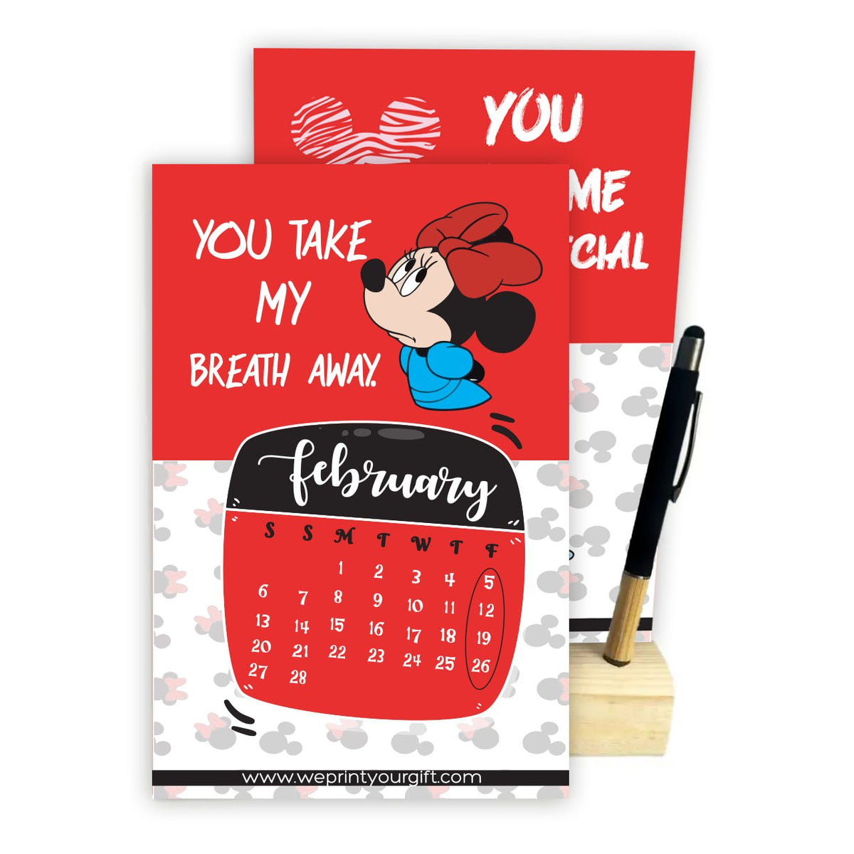 MINNIE MOUSE 2027 Desk Calendar – Cute Monthly Designs with Wooden Stand & Bamboo Touch Pen