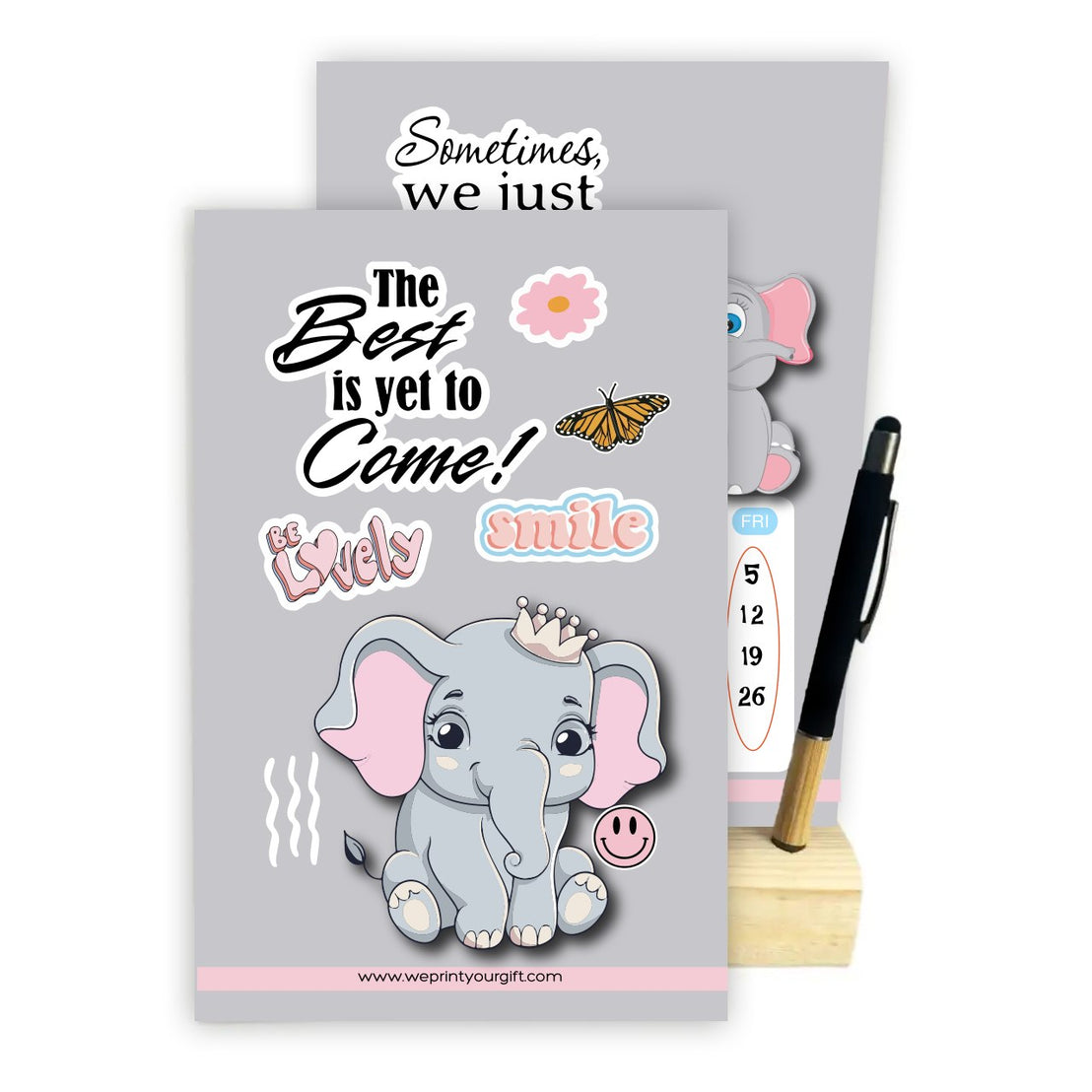 Cute Elephant 2027 Desk Calendar with Wooden Stand & Bamboo Stylus Pen – Inspirational Collection