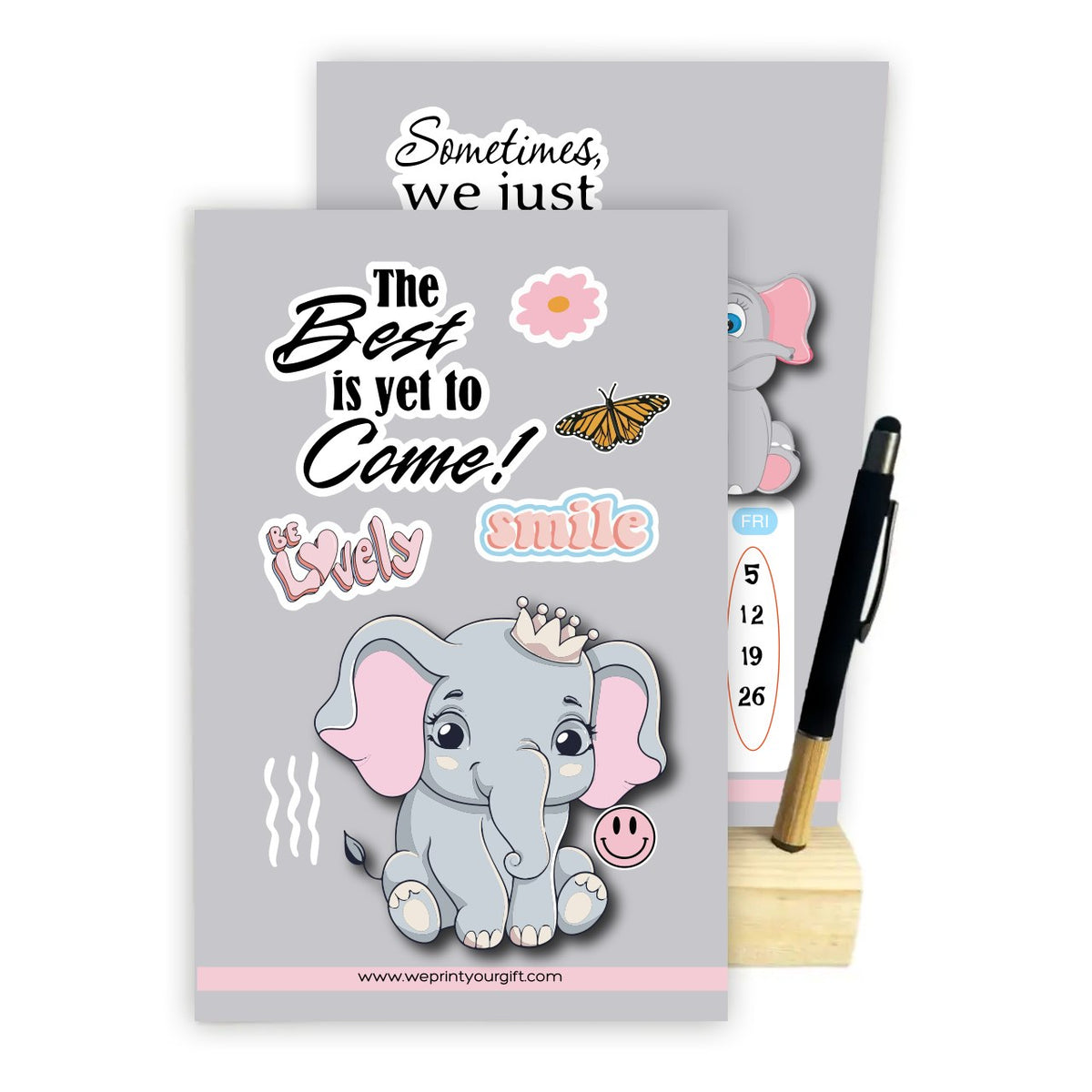 Cute Elephant 2027 Desk Calendar with Wooden Stand & Bamboo Stylus Pen – Inspirational Collection