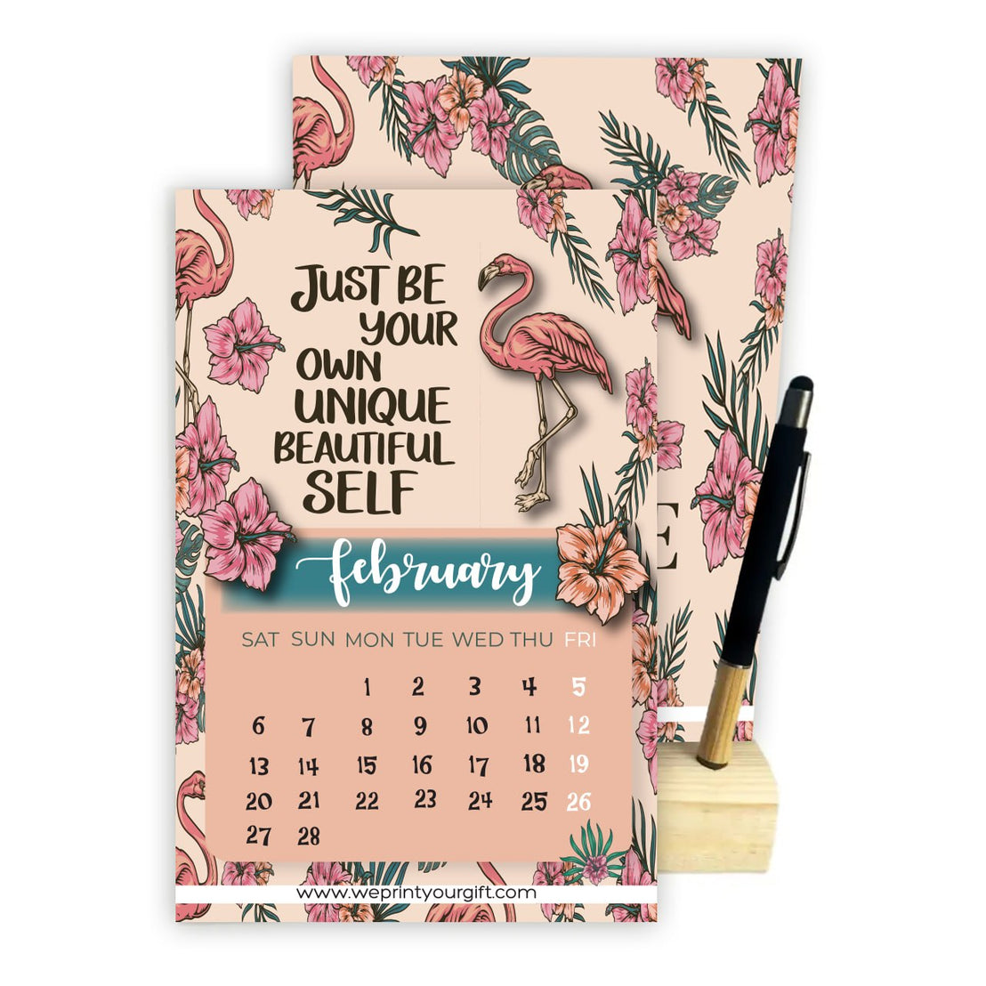2027 Tropical Flamingo Desk Calendar – A5 Monthly Motivational Calendar with Wooden Stand & Bamboo Touch Pen