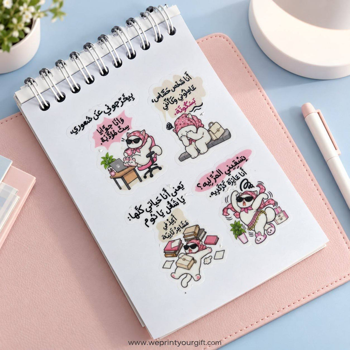 Office Cat Diaries A6 Sticker Book – Funny Egyptian Arabic Work Comics | Waterproof Vinyl or Paper Stickers