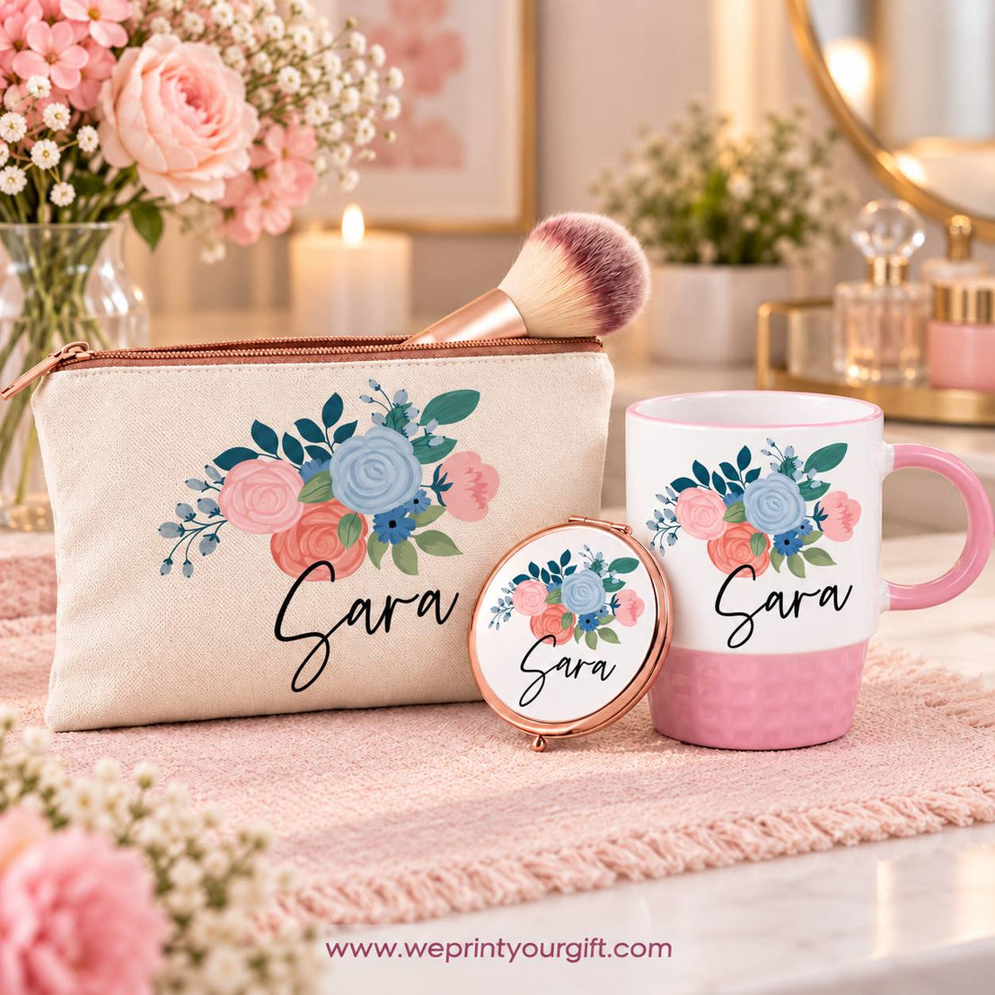 Floral Name Gift Set – Pouch, Compact Mirror & Pink Mug | Personalized