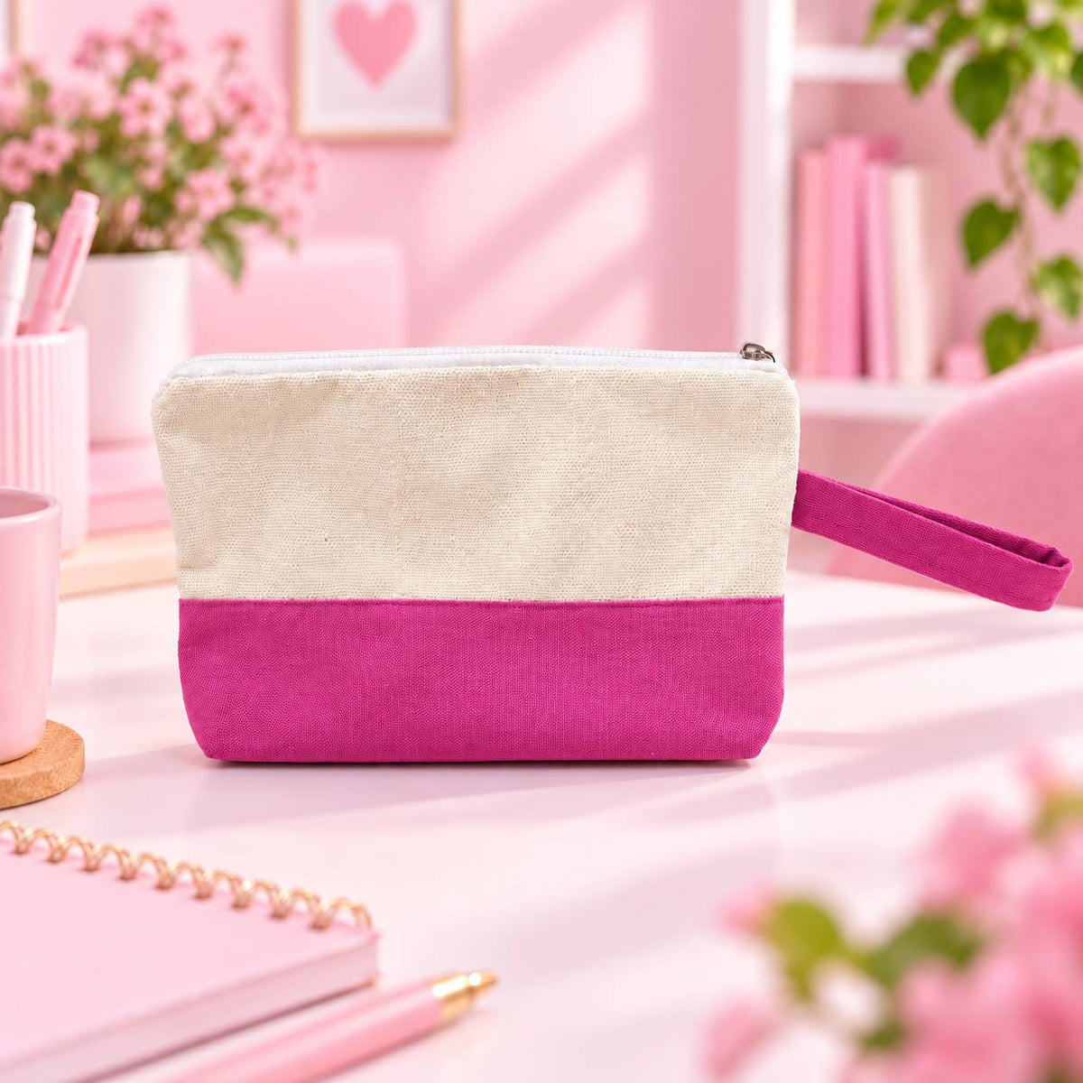 Two-Tone Canvas Pencil Case & Makeup Pouch | With Side Handle -Customization Options