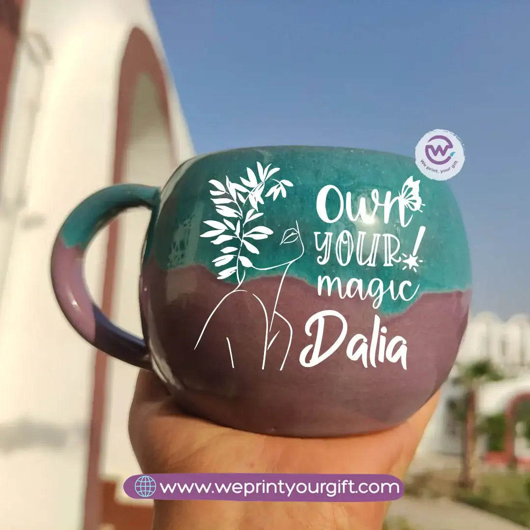 Turquoise & Purple Handmade Pottery Mug – 350 ml | Personalized One Line Art Names - WE PRINT
