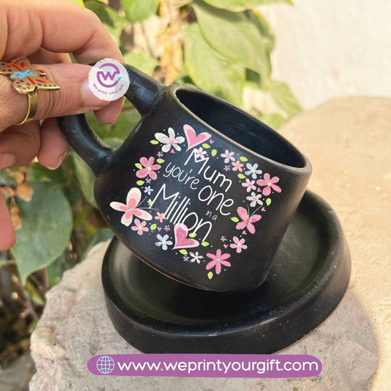Mother’s Day Black Handmade Pottery Coffee Cup with Saucer – 200 ml | UV Raised Sticker Printing