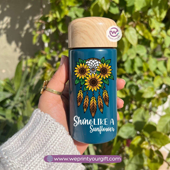 Mini Thermal Coffee Mug – (150ml & 250ml) | Wooden Lid - Sunflower Digital Art Theme