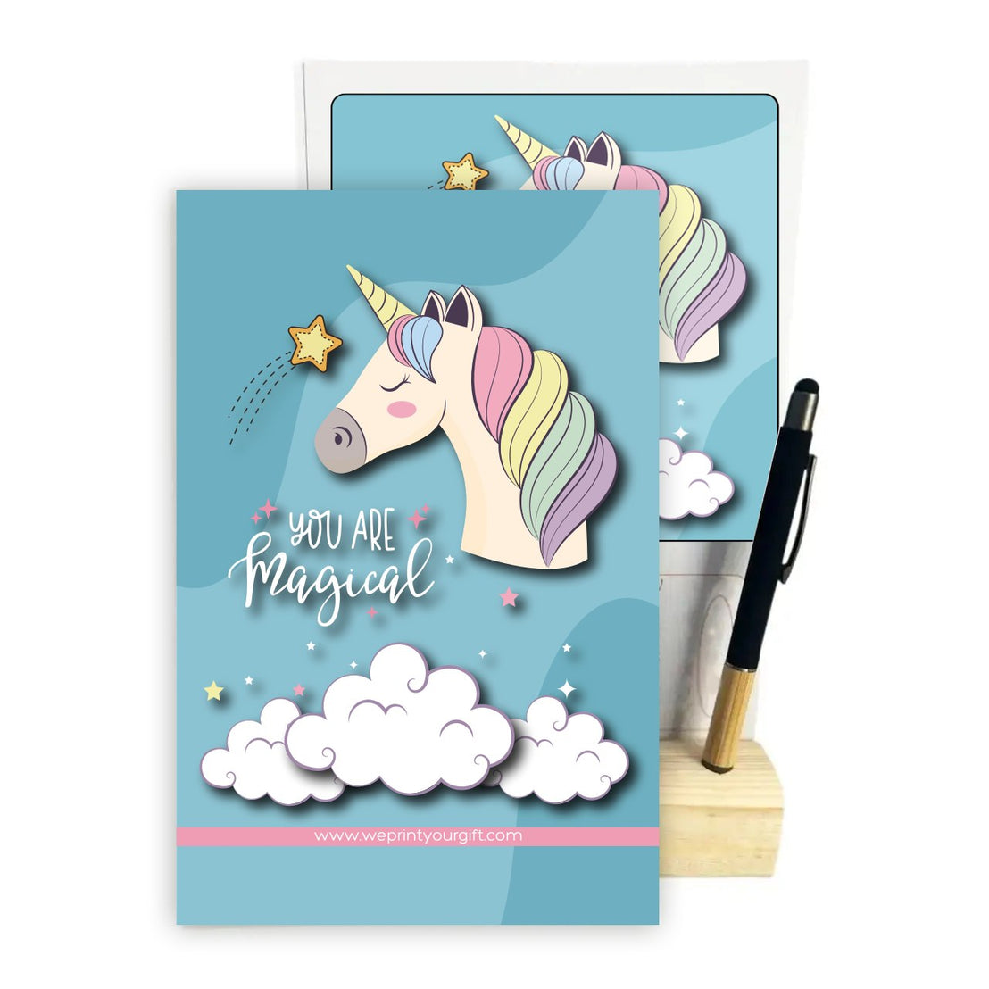 Magical Unicorn 2027 Desk Calendar with Wooden Stand & Bamboo Stylus Pen – Pastel Rainbow Collection