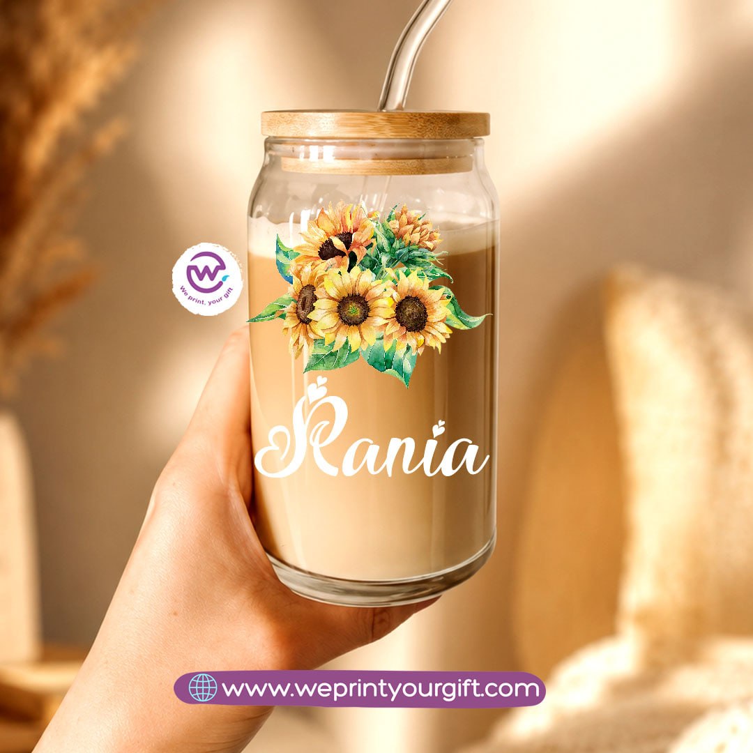 Floral Name Designs Glass Cup with Bamboo Lid & Reusable Glass Straw